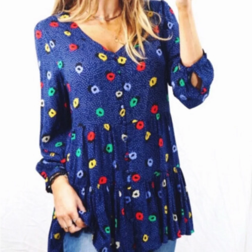 Maeve Lila Abstract Floral Blouse tunic tiered skirt babydoll S Anthropologie - Picture 2 of 12